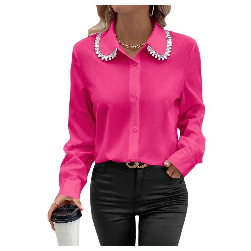NWT‎ SweatyRocks Hot Pink Rhinestone Collar Button Down Blouse XS
